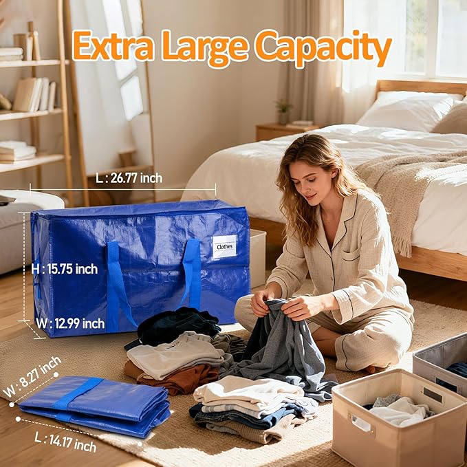 2-Pack Blue Extra Large Moving Bags, Heavy Duty Storage Bags with Lids, Reinforced Handles and Zippers, Organizing Bags for Dorm Packing, Clothes Storage, Toy, Camping, College Supplies