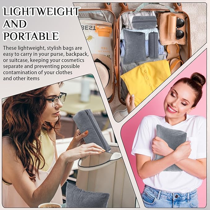 3 Pcs Makeup Bag Set for Women Corduroy Cosmetic Pouch Aesthetic Smile Travel Toiletry Bag Cute Purse Pouch Pencil Case Makeup Brushes Storage Organizer with Zipper(Gray,Solid Style)