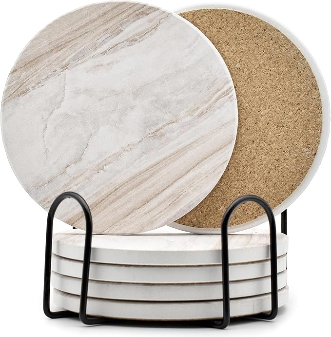 6Pcs Drink Coasters with Holder, Marble Style Ceramic Drink Coaster, Absorbent Coasters Set Suitable for Kinds of Cups, Modern Style Coaster for Coffee Table, 4 Inches
