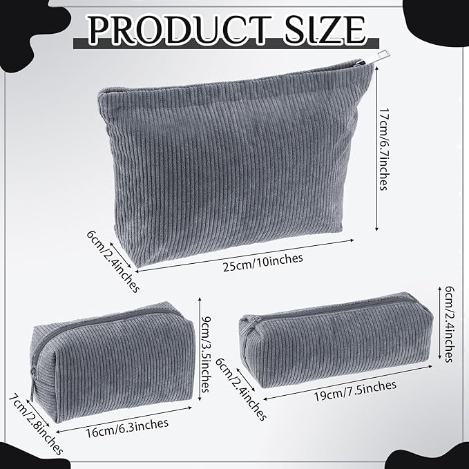 3 Pcs Makeup Bag Set for Women Corduroy Cosmetic Pouch Aesthetic Smile Travel Toiletry Bag Cute Purse Pouch Pencil Case Makeup Brushes Storage Organizer with Zipper(Gray,Solid Style)