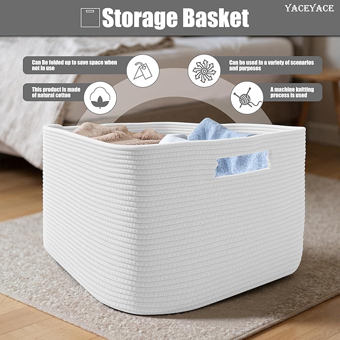 Large Blanket Basket Living Room, Woven Cotton Blanket for Living Room, Nursery, Big Basket for Storage, Toy, Cloth, Decorative, 22"x17"x12"