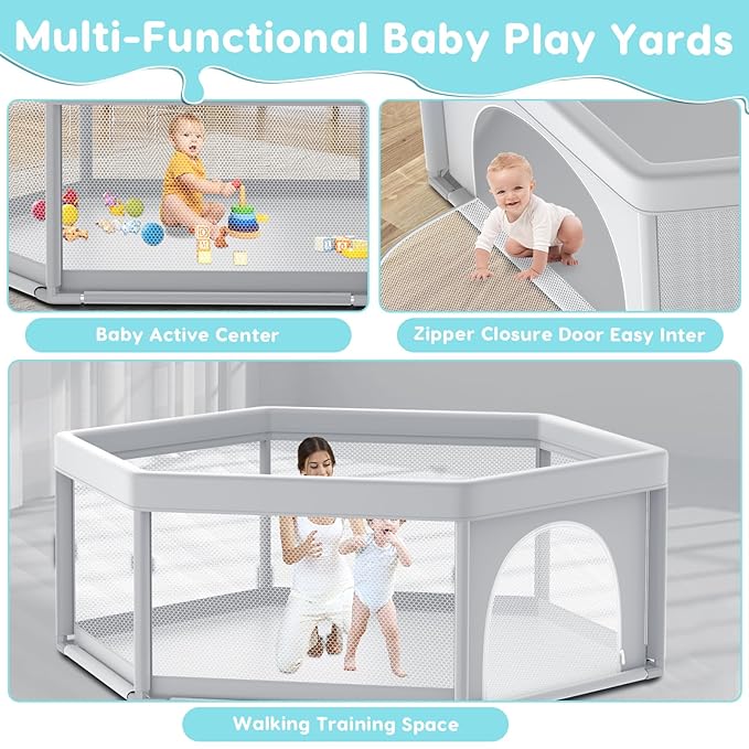 Fshibila 65" ×65" Hexagonal Baby Playpen, Baby Playard for Babies and Toddlers, BabyFence Play Pens for Indoor & Outdoor, Sturdy Safety Play Yard with Soft Breathable Mesh, Anti-Fall, Grey