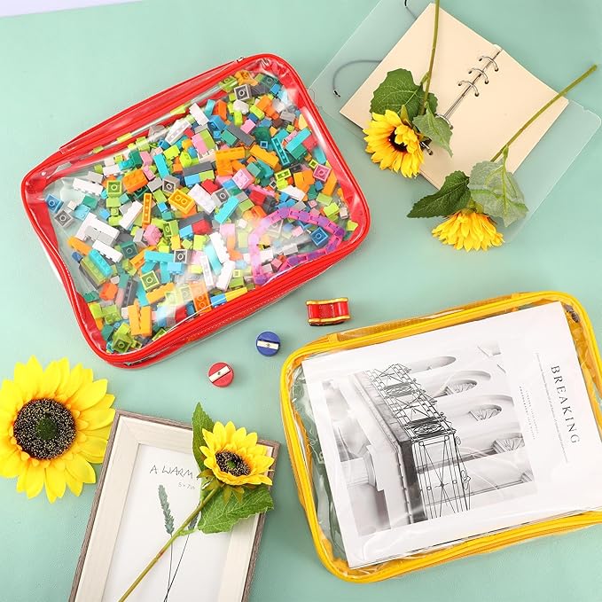 Sanwuta 3 Packs Toy Storage Bags with Zipper, Clear PVC Organizing Waterproof Toy Bags for Board Games, Building Blocks, and Kids Books(12.6 x 9 x 2.36 Inch,Red, Yellow, Green)