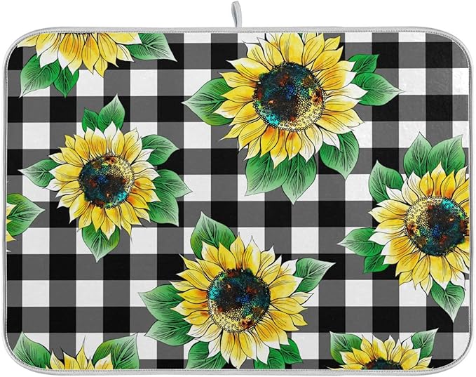 Absorbent Dish Drying Mat for Kitchen Counter - Sunflower Lattices Vintage Microfiber Drying Pad, Reversible Drainer Mats for Countertop, Large 18" x 24"