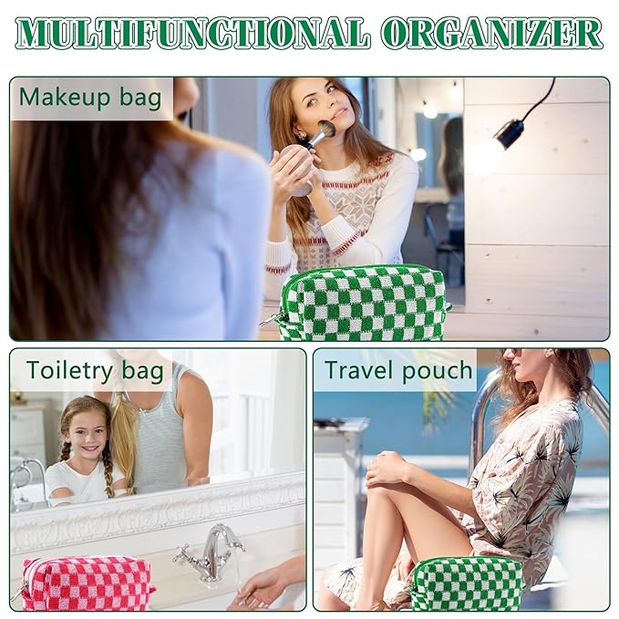 ZLFSRQ 2Pcs Checkered Pencil Case Cute Pencil Pouch for Teens Checkered Makeup Bag Medium Travel Cosmetic Bag Preppy Makeup Pouch for Purse Aesthetic Zipper Toiletry Bags Organizer(Pink/Green)