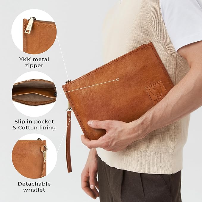BERLINER BAGS Vintage Genuine Leather Document Organizer Theo XL, Passport Holder and Travel Wallet - Brown