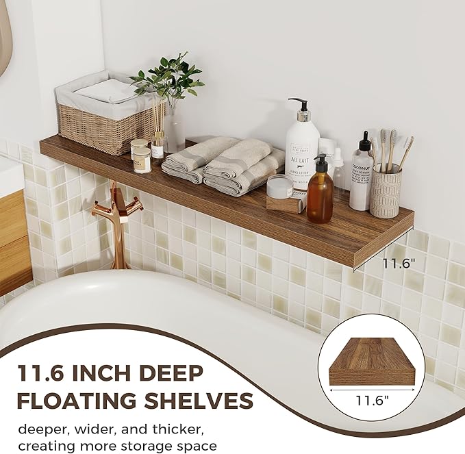 Fun Memories 12 Deep Floating Shelves for Wall, 48W x 12D Extra Large Floating Shelves Set of 2, Hanging Wood Wall Shelves for Living Room, Kitchen, Bedroom, Farmhouse, Laundry Room, Office - Walnut