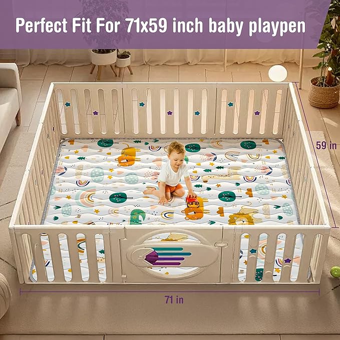 Baby Play Mat for Floor, 71"x59" Thickened Playpen Mat, Soft Non-Slip Baby Play Mat, Foldable & Machine Washable, Portable Waterproof Crawling Playmats for Infants & Toddlers, Rainbow and Animal