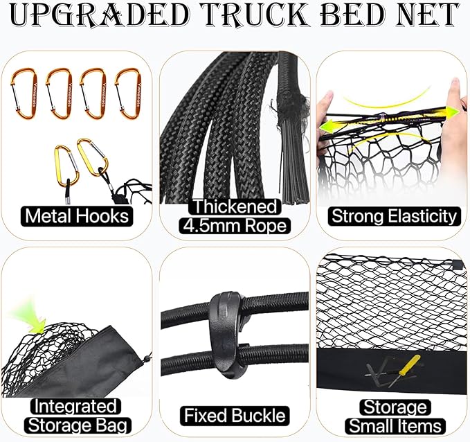 Envelope Style Cargo Net Compatible with Chevy Silverado 1500 2013-2025 & GMC Sierra 1500, Highly Elastic Truck Bed Cargo Net for Silverado Sierra 1500 Accessories, Storage Bag-Carabiners