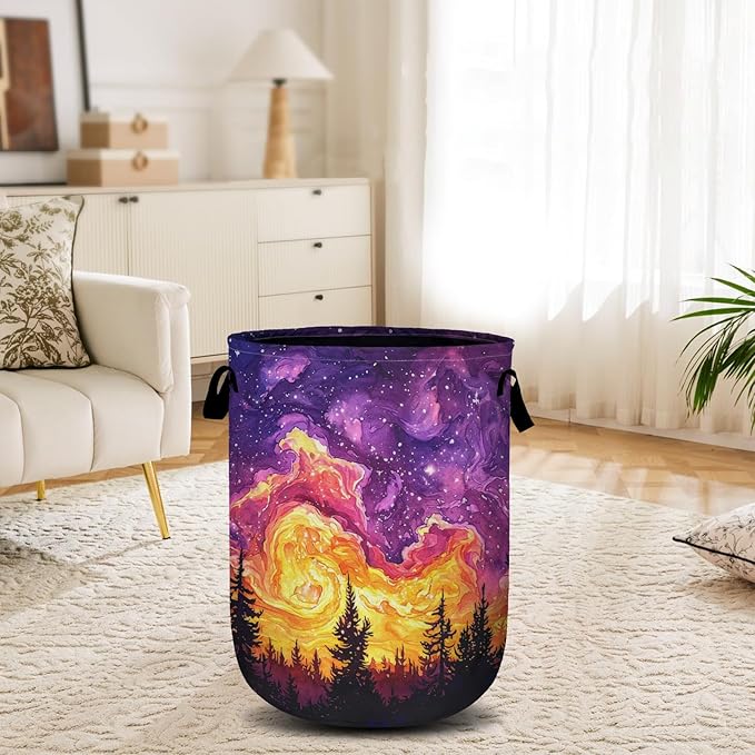 Purple Galaxy Forest Laundry Basket, Laundry Hamper Collapsible Oxford Cloth with Handle Clothes Toy Storage Bin for Bathroom Laundry Room Bedroom 15.7 X 20 Inch