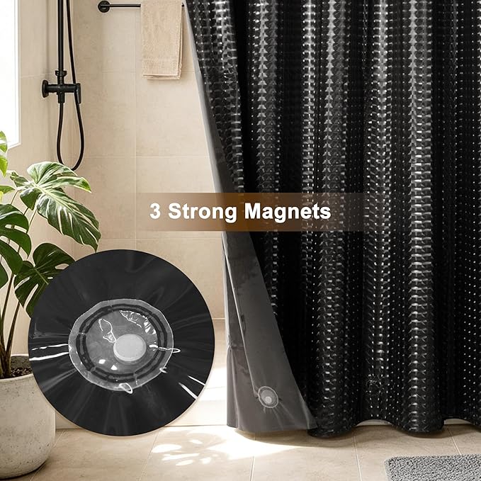 Barossa Design Black Shower Curtain Liner 72" x 72" for Bathroom - Waterproof Standard Size PEVA Shower Liner with 3 Magnets, Lightweight, Metal Grommets - Dimensional Black, 72x72
