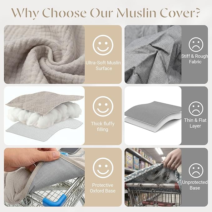Muslin Shopping Cart Cover for Baby Soft & Breathable High Chair Covers for Restaurant Seat Grocery Cart Cover with Storage Pocket Machine Washable for Infant Toddler Boy Girl, Summer Wheat