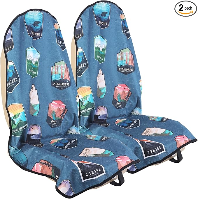 LoyaGour Car Seat Cover Protector Front Seats,for Gym Workout,Running,Swimming,Beach and Hiking,Waterproof Sweat Towel Bucket Seat Covers for Trucks SUV Jeep (National Parks, 2Pcs)
