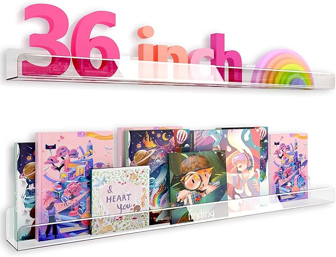 RORKIM 36 Inch 50% Thicker Clear Acrylic Book Shelves, Invisible Kids Wall Bookshelves for Baby Storage Book Rack, Toy Organizer, Book Display, Playroom, Bedroom, Toddler Room, Nursery 2 Packs