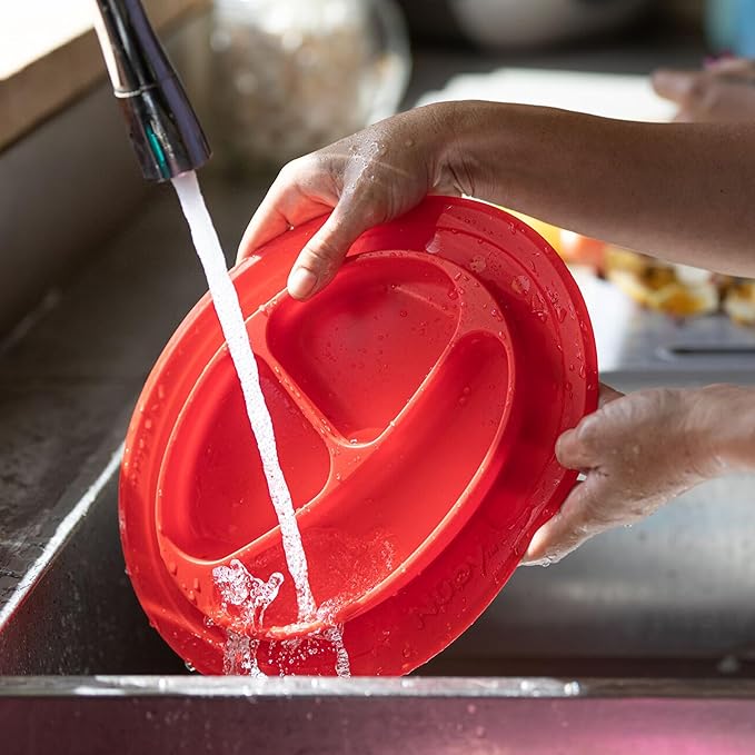 Nuby Sure Grip Miracle Mat 3-Section Toddler Plate - Oval Suction Silicone Plate - 6+ Months - Red