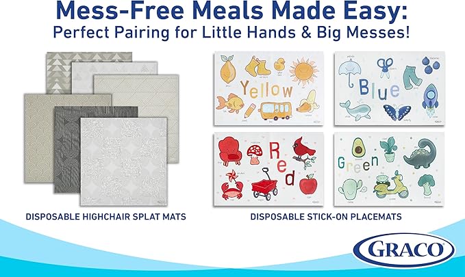 Graco Baby Disposable Splat Mats, 30 Sheets with Assorted Designs, 47" x 40", Eco-Friendly Floor Protector for Mealtime, Home & Restaurant Use