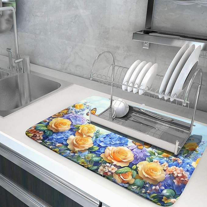 Spring Blue Yellow Hydrangeas Flowers Dish Drying Mat for Kitchen Counter,Colorful Butterflies Flying Drying Mat 18 x 24 Inch with High Absorbent Microfiber Drainer Mat for Coffee Bar