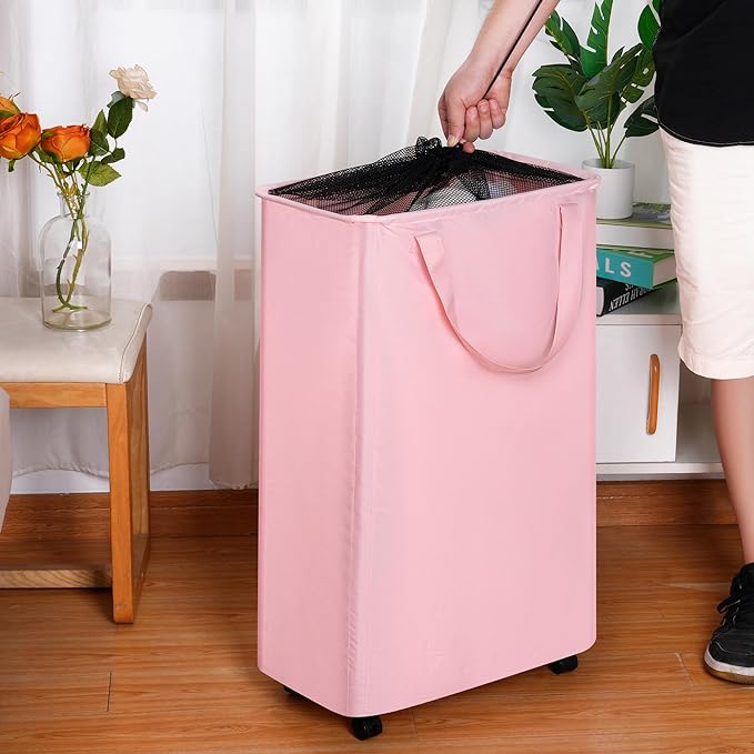 Slim Laundry Hamper with Wheels, Rolling Laundry Basket for Clothes, Small Laundry Basket for Bedroom, Dorm and Laundry Room, 75L (19.8 Gallons) Beige