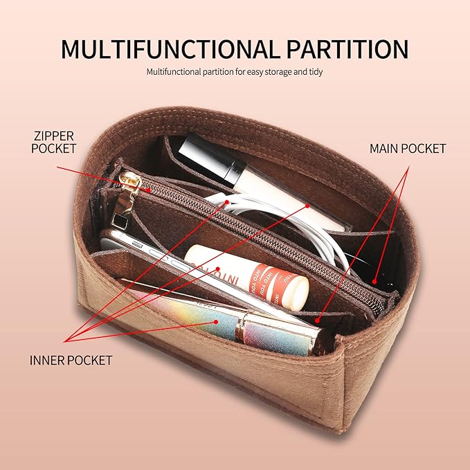 Premium Felt Purse Organizer Insert, 7 Compartments with Removable Zipper Pocket | Small Purse Organizer Fits LV Speedy 20, Noé BB, Mini Ophidia Tote, Groove 20 & More Bag Organizer Insert (Brown)