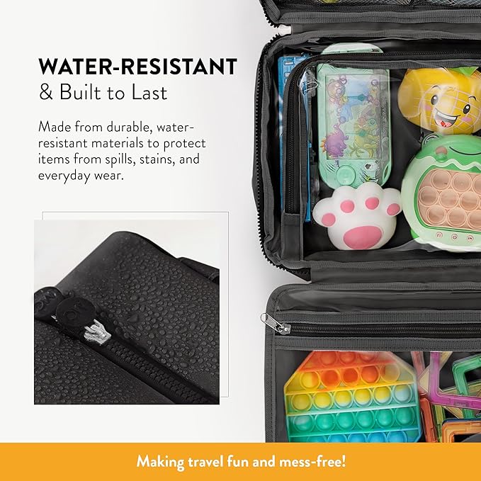 Kids Travel Organizer - Multi-Compartment, Water-Resistant Hanging Bag for Toys, Snacks, & Activities - Compact, Lightweight Design with Hook & Carry Handle - Perfect for Travel Use (Black, Large)