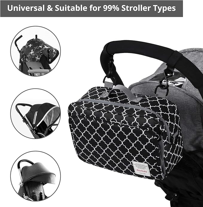 Small Diaper Bag, Mini Stroller Organizer Accessory with Wipe Pockets Caddy Parent Console with Hook Fit All Strollers, Black