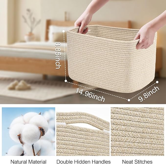 Degeyoyo Woven Storage Baskets, Brown Baskets for Organizing, 3 Pack Woven Basket for Storage, Storage Baskets for Shelf, Towel, Toy, Book, Closet, Baby 15"×10"×9"
