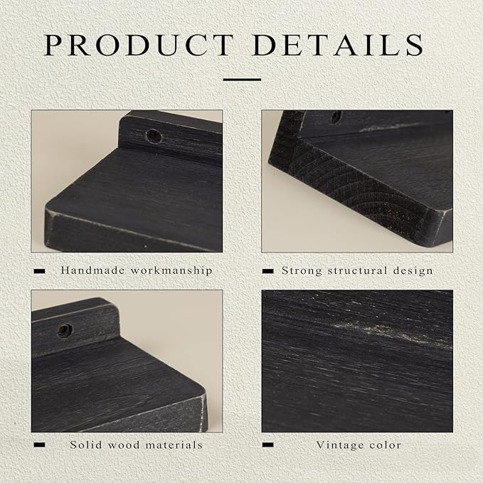 Freezing point Small Floating Shelf for Wall Set of 4 Natural Wood 4Inch Mini Wall Shelves Decor Plant Display Collectibles Mounted Kitchen Bathroom Bedroom Corner Decorative Storage Tiny Stand Black