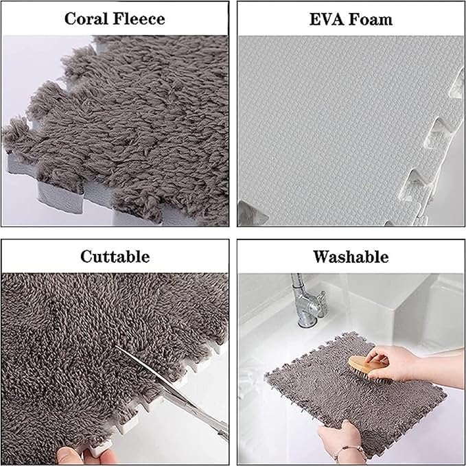 12pcs Plush Puzzle Foam Floor Mat, Cute Soft Fluffy Interlocking Square Foam Tiles Area Rugs Carpet for Parlor Bedroom Decor(11.8x11.8x0.4in, Grey&White&Pink)