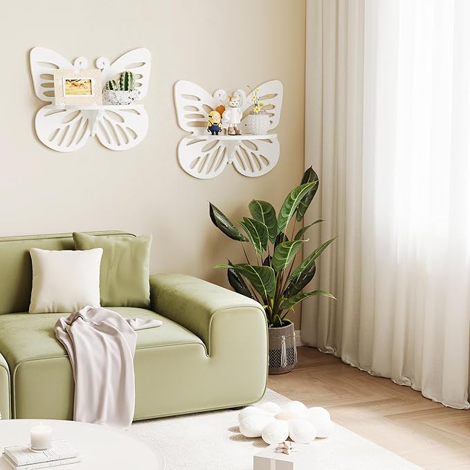 Beskadi White Butterfly Shelves 2 Tier - Nursery Wall Deor Floating Shelf, Cute Wall Display Rack for Kid’s Room, Small Decorative Shelf Wall Mounted, Hanging Wall Shelf for Toys, Plants Storage.