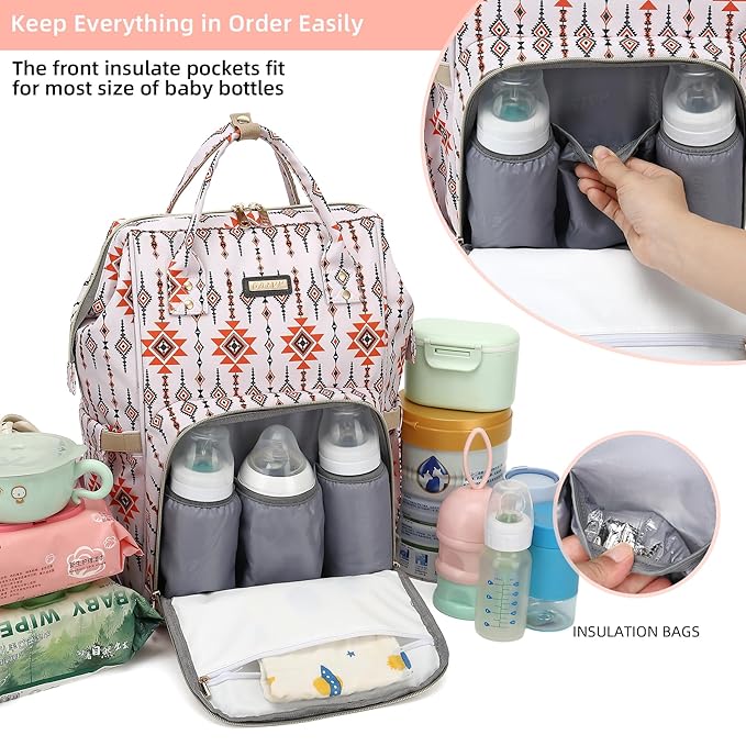 GAIVP Diaper Bag Backpack, Diaper Bags for Baby Girls Boys, Baby Bags for Moms Dads, Nappy Changing Bag with Insulated Pockets,Multi-functional Waterproof Backpack with Stroller straps-Tribal Orange