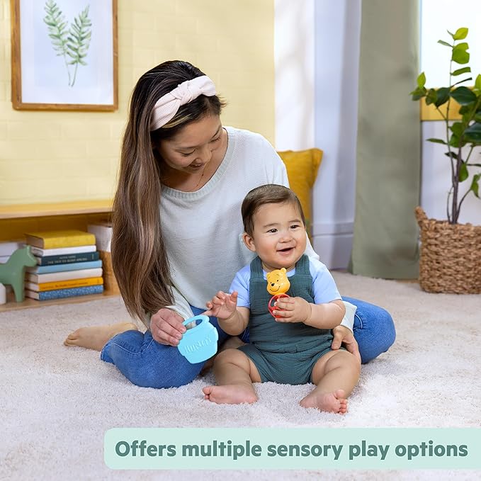 Bright Starts Disney Baby Winnie The Pooh Hunny & Shake Rattle & Teether, Stroller Toy for On The Go, Newborns & Up