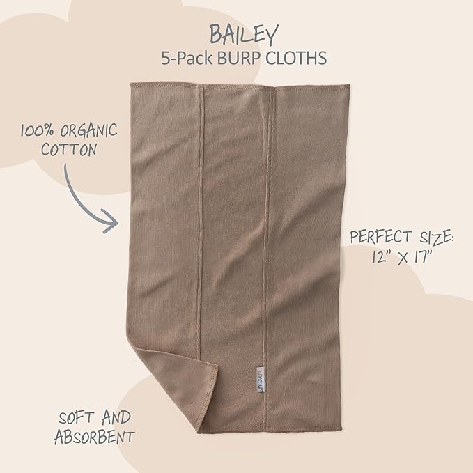 Butterblu Bailey 5-Pack Burp Cloths 100% Organic Cotton Knit for Newborn & Baby Boys & Girls, Natural, One Size