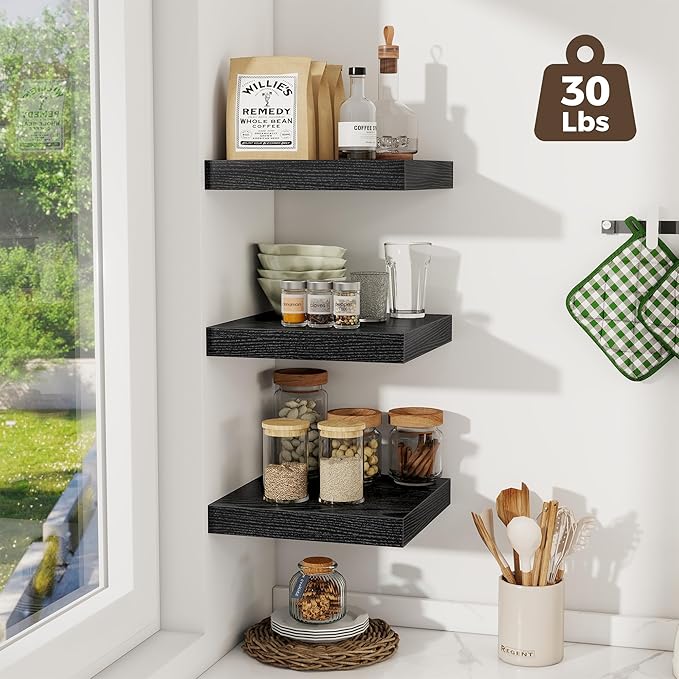Fun Memories 12 Inch Square Floating Shelves 3 Pack - Wall Shelves with Invisible Brackets, Small Floating Shelves for Wall, Black Wood Shelves for Bathroom, Living Room, Bedroom, and Kitchen Decor