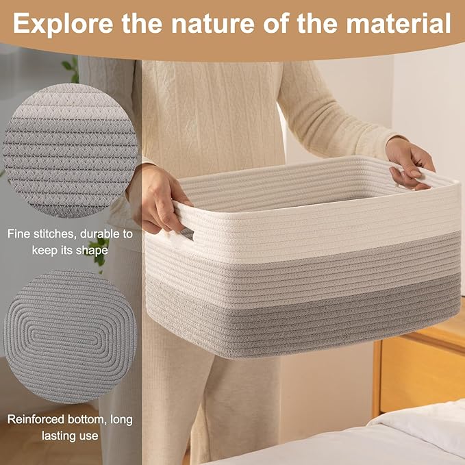 OIASKET Large Storage Basket for Organizing, Woven Rope Basket for Shelves, Closet Organizer Bins for Clothes, Blanket, Toys, Baby Nursery Storage, 17.7" x 13" x 7.87", 2 Packs Gradient Grey