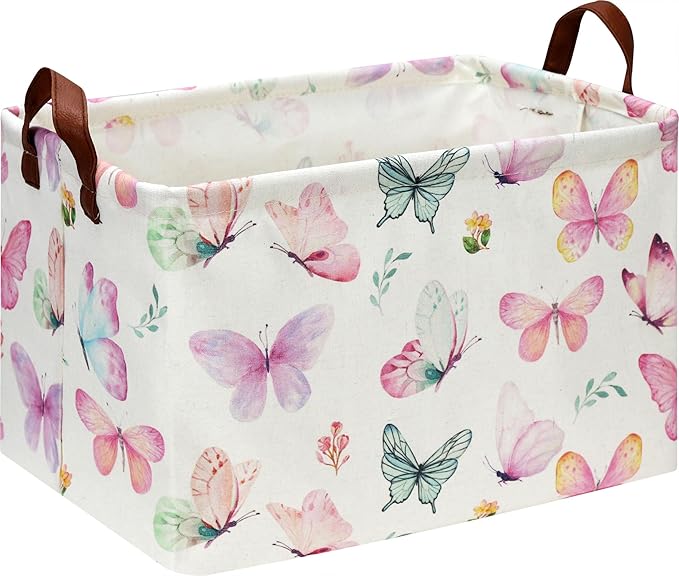 HKEC Rectangle Pink Butterfly Storage Basket with Handles, Collapsible Storage Bin, Books Box, Gift Basket(Pink Butterfly)