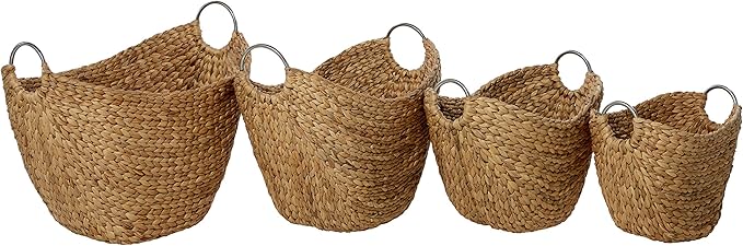 Deco 79 Seagrass Handmade Decorative and Functional Storage Basket Woven Curved Basket Organizer with Silver Metal Handles, Set of 4 Basket for Storage 14", 16", 19", 21"W, Brown