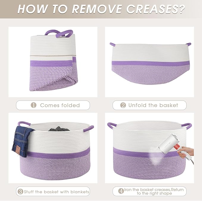 Large Cotton Rope Storage Basket, 20''x13'' Woven Laundry Hamper for Living Room, Nursery, Toys, Blanket Organization with Handles (White and Purple)