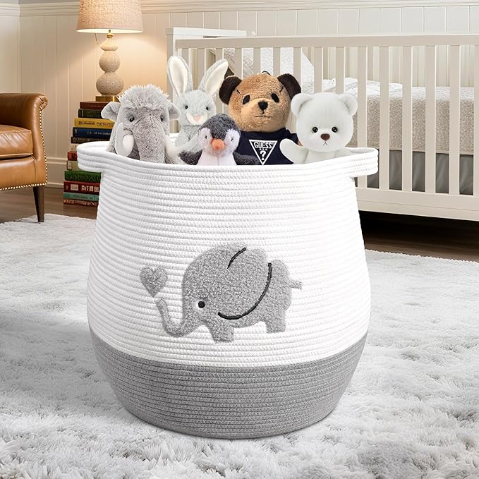 Large Baby Laundry Basket, Gray Laundry Hamper for Baby, Toy and Blanket Storage Basket, Cotton Rope Baskets for Organizing 17"x15.7"