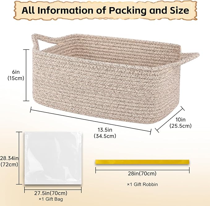 OIAHOMY Woven Basket, Gift Basket Empty with Gift Bags and Ribbons, Rope Baskets for Baby Showers, Storage Baskets with Handles for Nursery, Pet Toy Organizer - Brown