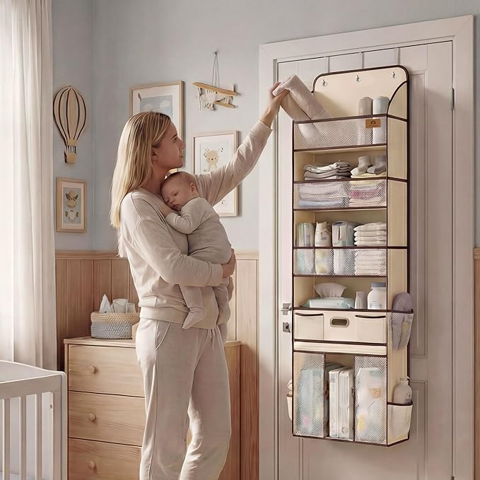 Baby Nursery Over The Door Organizer – 5-Tier 10 Pocket Hanging Storage with Removable Diaper Caddy & 3 Sturdy Hooks, 55LBS Capacity Baby Essentials Holder for Bathroom Bedroom Closet, Beige