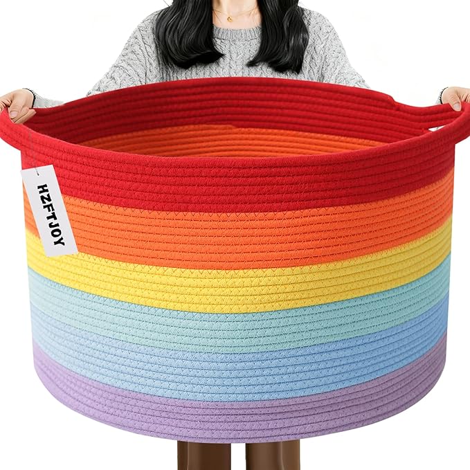 Large Storage Basket with Handle,19.7" L x 19.7" W x 13" H Blanket Basket Storage Bins for Organizing,65L Cotton Rope Woven Baskets for Living Room, Nursery,Bedroom,Rainbow