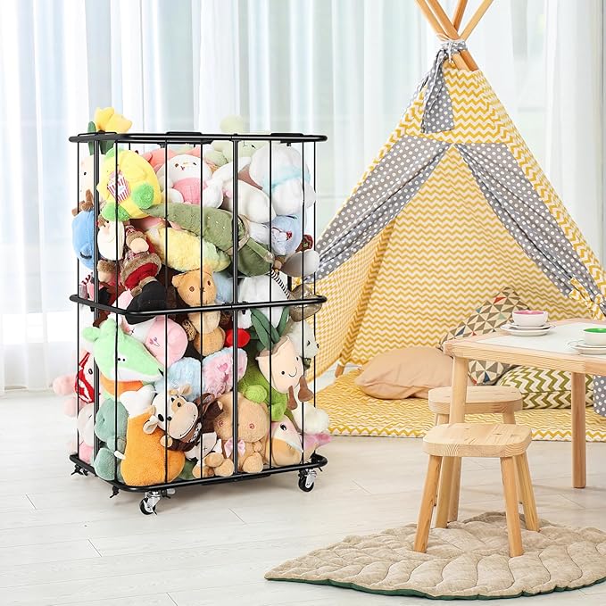 OYEAL Stuffed Animal Zoo Storage Metal Stuffed Animal Organizer With Wheels Ball Storage Rack Stand Plush Storage Holder With Elastic Band for Nursery Play Room Bedroom, Easy To Assemble, Black