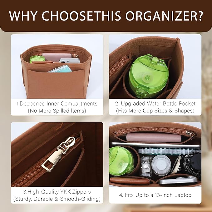 Premium Felt Purse Organizer Insert for Longchamp Le Pliage, Zipper Long Champ Bag Organizer Insert with Cup Holder, 9 Compartments