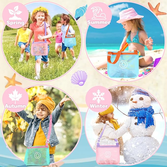 3Pcs Personalized Kids Beach Shell Bag, Initial Seashell Mesh Zipper Beach Pouch, Shell Collecting Bag for Holding Shells with Adjustable Straps, Sand Toys Swim Pouch Gift for Girl Boy Teens(Letter O)