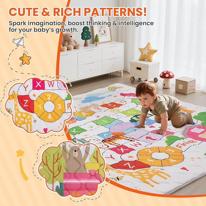 Duwenem Baby Play Mat for Floor,50x50 Inch Soft Padding Crawling Mat, Foldable and Machine Washable, Thick for Babies & Toddlers,Animal School