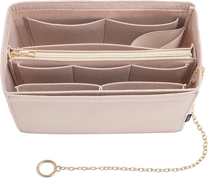 Purse Organizer Insert, Handbag Organizer with Zipper, Tote Shaper with Cup Holder & Keychain, Compatible with LV, Neverfull, MK, COACH, Longchamp, Kate Spade – Khaki-Med