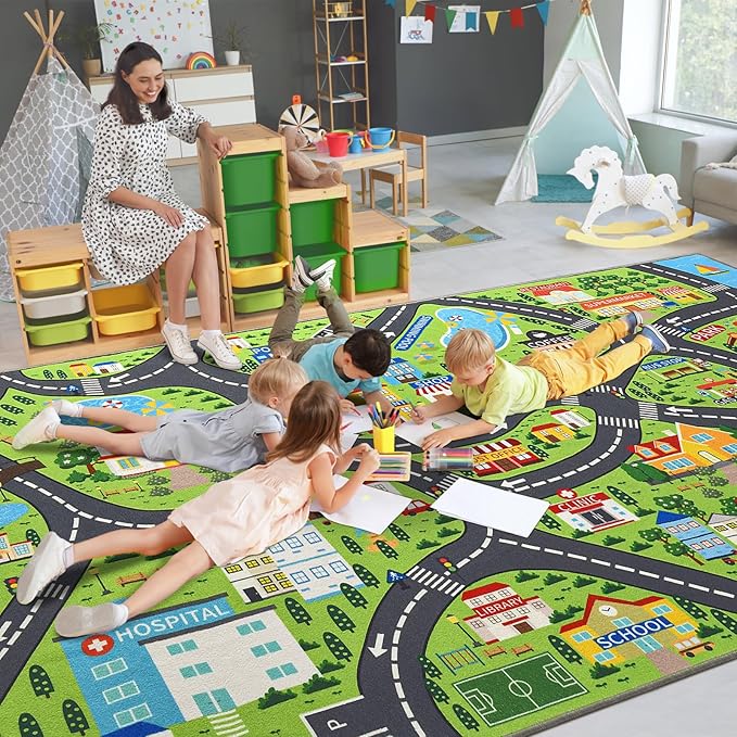 Community Kids Car Play Rug - Educational Play Mat Carpet with Fire Station, School, Park & More for Learning and Play, Ideal for Playroom Classroom Bedroom Nursery, 8x10ft