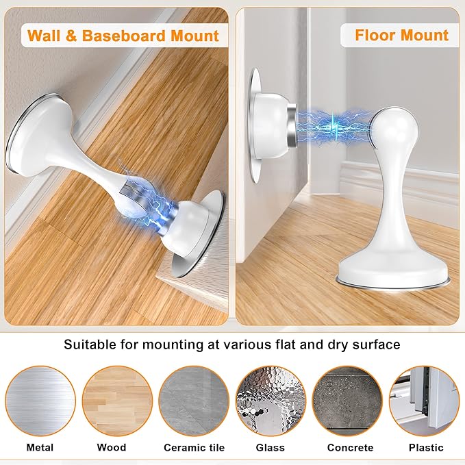 Crosize Magnetic Door Stoppers 2 Pack, Stainless Steel Door Stops for Wall and Floor Mounting, Door Holder Keep Door Open, No Drilling Door Stop with Adhesive Tapes, White