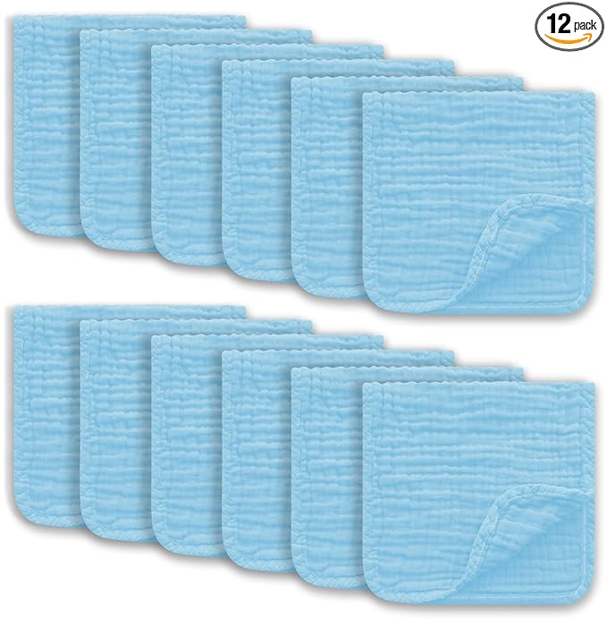 Ease Cubs Muslin Burp Cloths Large 100% Cotton Hand Washcloths for Boys & Girls, Baby Essentials Extra Absorbent and Soft Burping Rags for Newborn Registry (Aqua, 12-Pack, 20" X10")