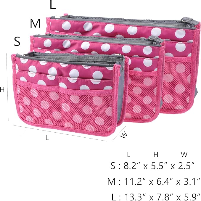Vercord Purse Organizer Insert for Handbags Bag Organizers Inside Tote Pocketbook Women Nurse Nylon 13 Pockets Rose Dot Large